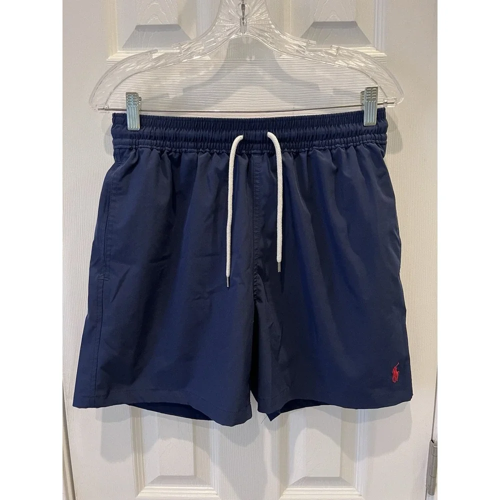 Polo Ralph Lauren Shorts Mens M Navy Blue Solid Swim Trunks Mesh Lined Pony